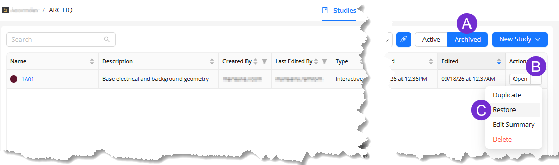 Interface showing archived studies with options to duplicate, restore, or delete entries.